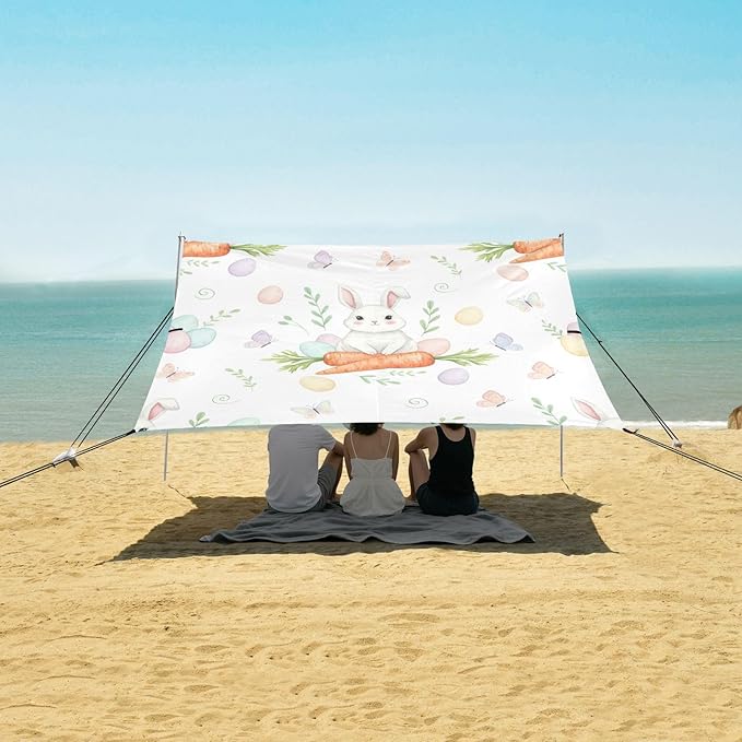 xigua Easter Bunny Beach Tent Sun Shelter with Carrying Bag - Silver Coated Oxford Fabric Beach Canopy for Beach Camping Fishing - Includes Windproof Ropes Sandbags &amp Stakes