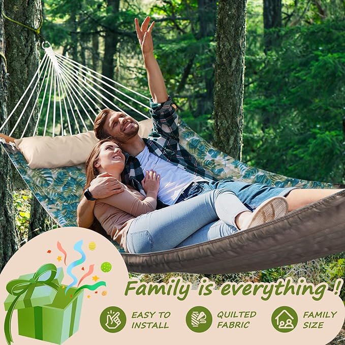 Double Hammock 11 FT Quilted Fabric 2 Person Hammock for Outside with Pillow Folding Curved Spreader Bar Chains Carrying Bag Indoor Outdoor 450 IB Capacity BlueLeaves