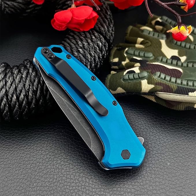 Outdoor Assisted Flipper Folding Pocket Knife 3.23 8Cr13Mov Steel Blade Blue Aluminum Handle EDC Knife for Camping Hiking Fishing Gift