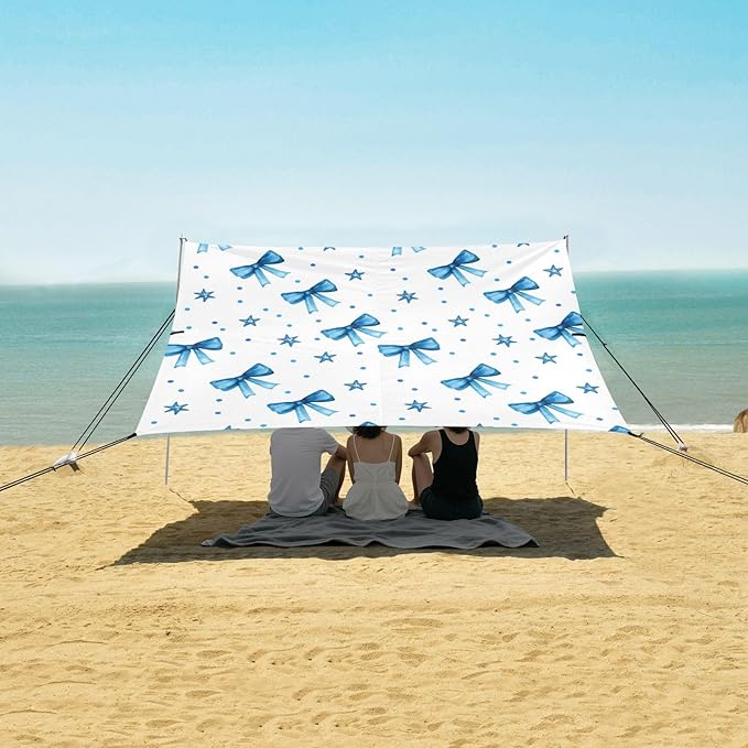 xigua Blue Bows Tie Beach Tent Sun Shelter with Carrying Bag - Silver Coated Oxford Fabric Beach Canopy for Beach Camping Fishing - Includes Windproof Ropes Sandbags &amp Stakes