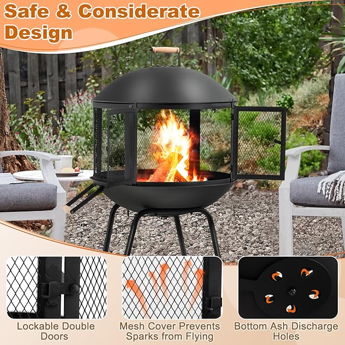 Giantex 28 Portable Fire Pit on Wheels Outdoor Mobile Wood Burning Firepit w/Log Grate Fire Poker Heavy-Duty Steel Frame &amp Solid Metal Top 2-Door Gate Rolling Fire Pits for Entertaining Camp