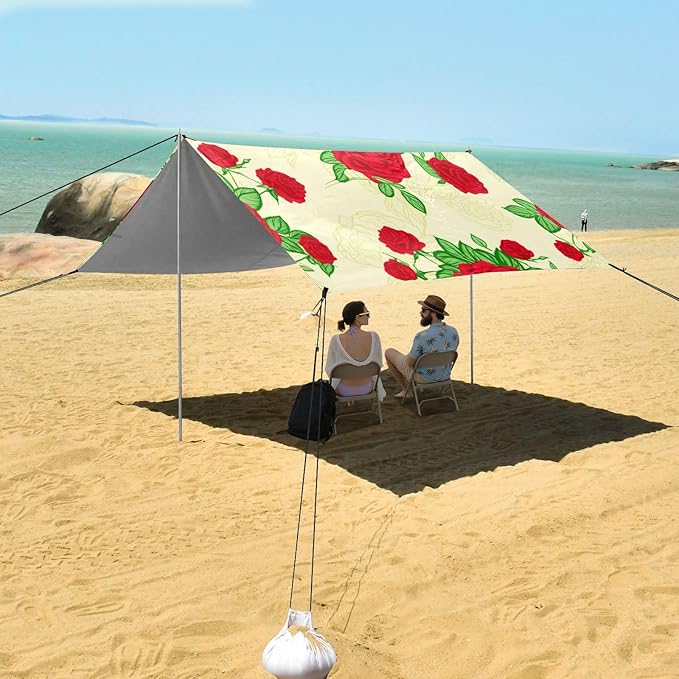 Beach Canopy with Windproof Ropes &amp Sandbags Beach Tent Sun Shade Sun Shelter for Camping Trips Fishing Backyard Fun or Picnics Rose