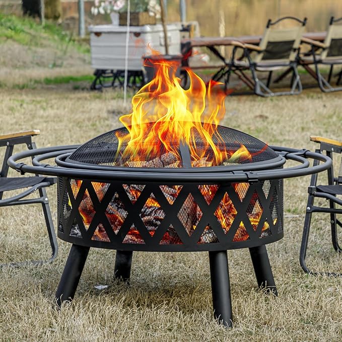 EcoNook 36 Inch Wood Burning Fire Pit with 2 Loops Outdoor Fire Pit with Spark Screen &amp Fire Poker Cross Weave Firepit for Outside Fireplace Bonfire for YardPatio Garden