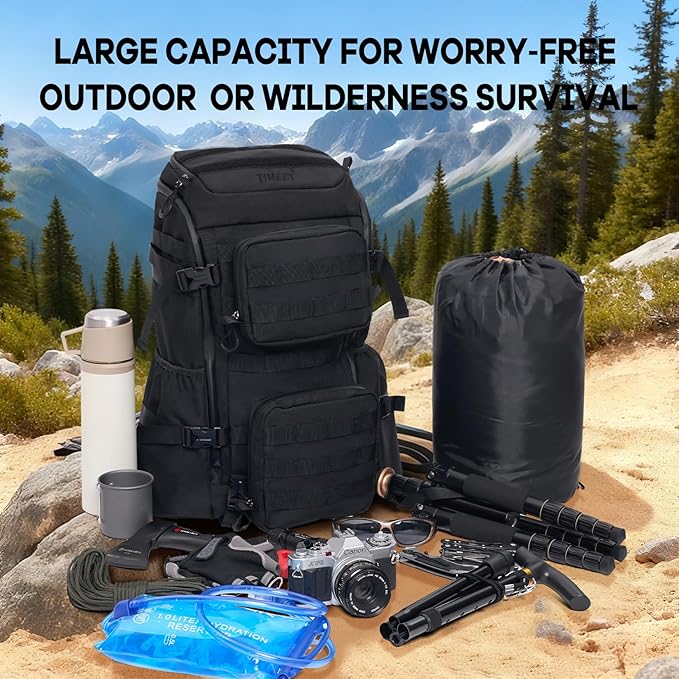 Timeet Tactical Backpack 45L for Men Military Backpack 3 Day Assault Pack with U-Shaped Wide Opening Water-Resistant Hiking Backpack for Travel Camping Survival Molle System (Black 20 Inch)