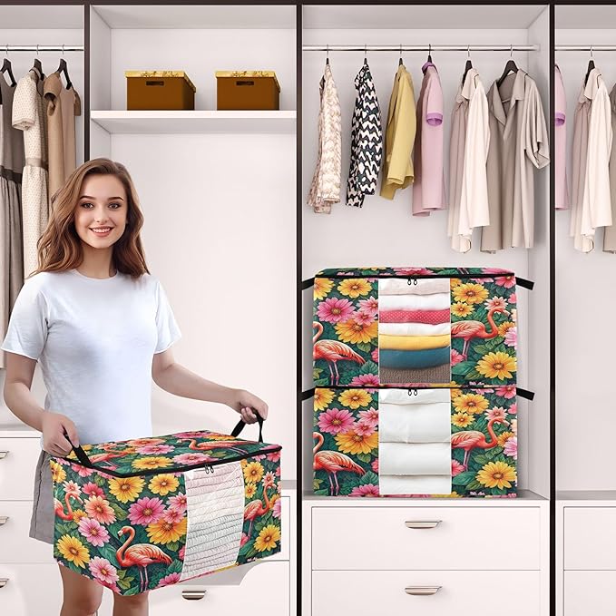 Burbuja 2 Pack Storage Bag Organizer with Handles for Clothes Blankets Bedding Floral Flamingos Foldable Storage Bag with Zipper &amp Clear Window 95L