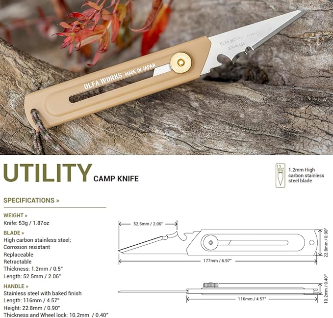 OLFA WORKS OW-UCK-1/SB Camp Knife High Carbon Stainless Steel Blade - Multipurpose Outdoor Knife Great for Camping Activities - Brass Wheel Lock Replacement Blade: OWB-UCB-1 (Olive)