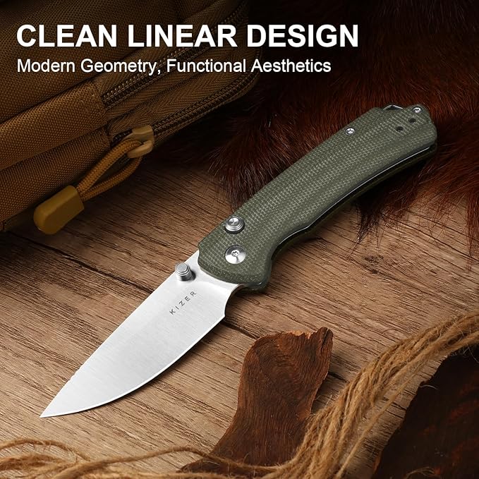 Kizer T1 BD EDC Pocket Knife 3.2 Nitro-V Steel Drop Point Folding Knives with Micarta Handle Thumb Stud Opener Button Liner Lock for Camping Hiking Fishing V3490.2BA1
