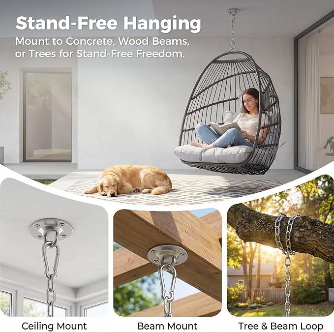 Nicesoul Hanging Egg Chair Outdoor Without Stand Indoor Swing Egg Basket Ceiling Tree Chairs with Cushion 350lbs Egg-Shaped Hammock Chair No Stand for Patio Backyard Balcony BedroomPorch Gray