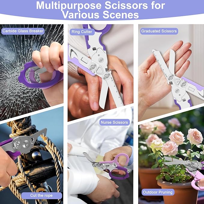 6-in-1 Heavy-Duty Emergencytrauma shears Folding Retractable Emergency Shears Outdoor Camping Tools Seat Belt Cutter Oxygen Cylinder Wrench Complimentary Adjustable Wrench (Purple)