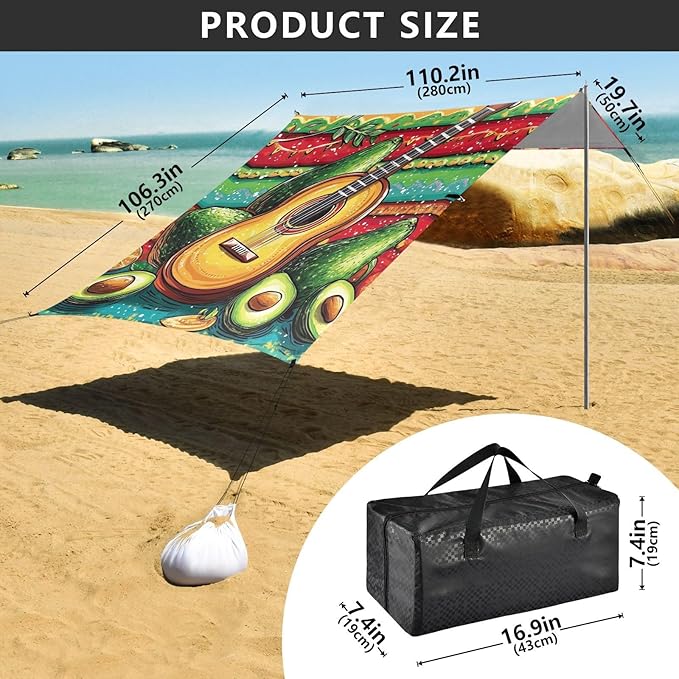 Mexican Style Cinco De Mayo Guitar Avocados Foldable Beach Cabana UPF50+ Easy Setup Large Portable Sun Shelter with Sandbags and Shovel for Camping Picnics Backyard