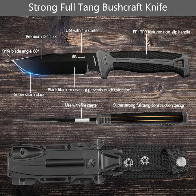 HX OUTDOORS Extra Sharp Bushcraft Knife with Fire Starter Premium D2 Steel Fixed Blade Survival Camping Knife with Ferro Rod Plastic Sheath for Outdoor Hiking Backpacking (Black)