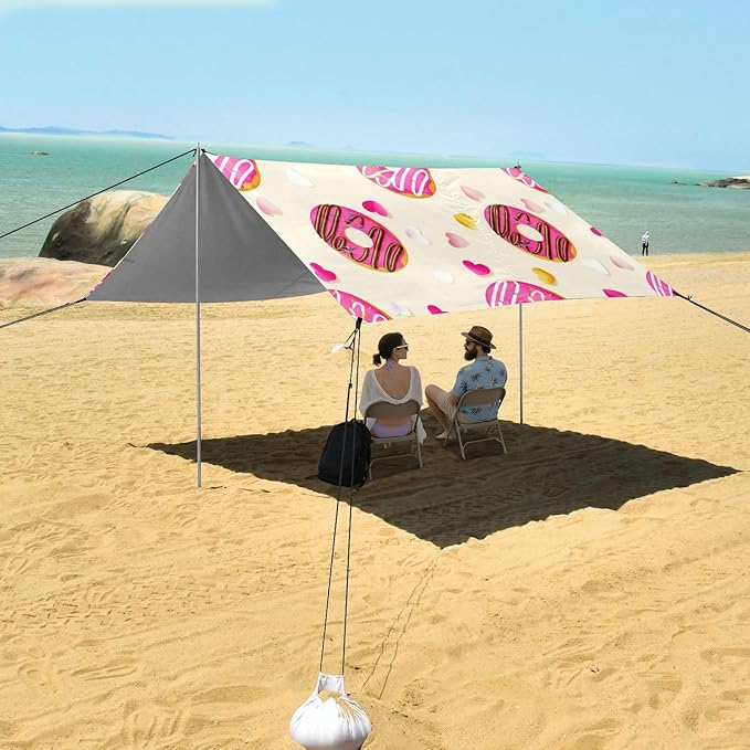 xigua Donut Beach Tent Sun Shelter with Carrying Bag - Silver Coated Oxford Fabric Beach Canopy for Beach Camping Fishing - Includes Windproof Ropes Sandbags &amp Stakes