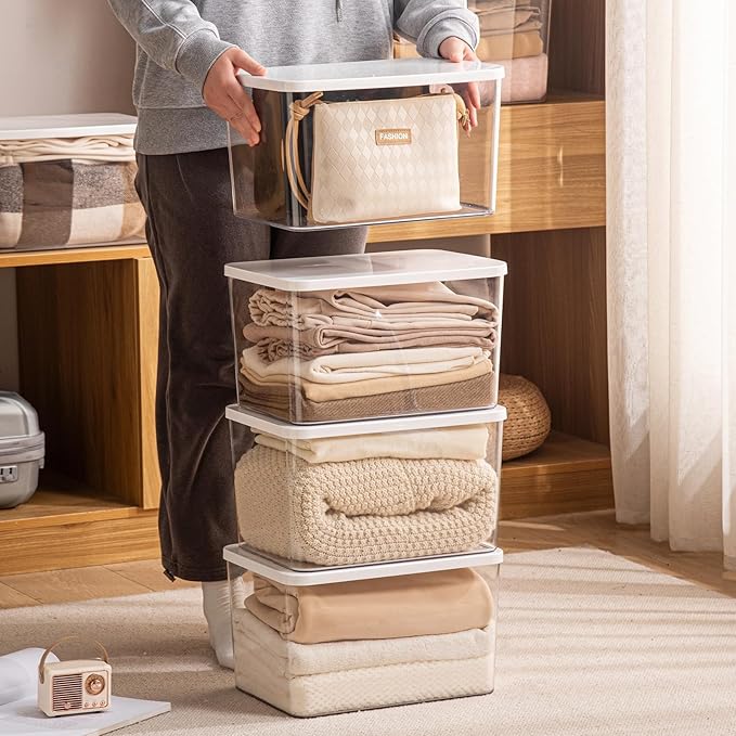 4-Piece SetPlastic Storage Bin with LidLarge Storage ContainersStackable Lidded Storage Boxes for Cabinets Clothes Toys Books (clear 4XL(with wihte lid))