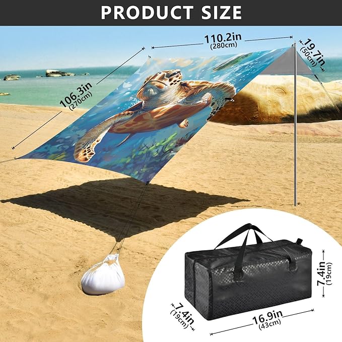 ALAZA Turtle Floats in Depth of The Sea Beach Tent Sun Shelter Portable Canopy Sunshade for Outdoor Camping Picnics Backyard Fun 10x9 ft
