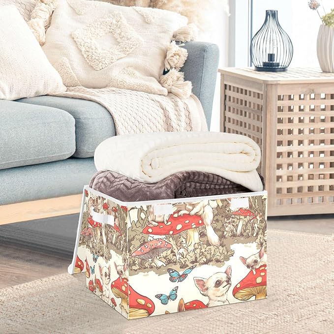 Collapsible Storage Bins with Lids Decorative Fabric Storage Cubes Closet Organizer and Storage Basket Boxes Containers for Clothes Box Chest Nursery Folding Rectangle Mushroom Chihuahuas