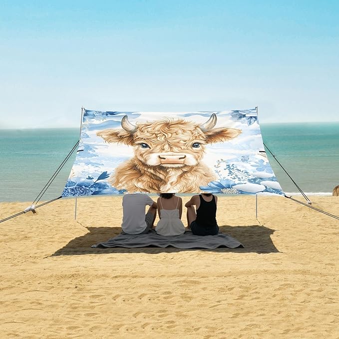 ALAZA Watercolor Highly Cow Blue Flower Beach Tent Sun Shelter Portable Canopy Sunshade for Outdoor Camping Picnics Backyard Fun 10x9 ft