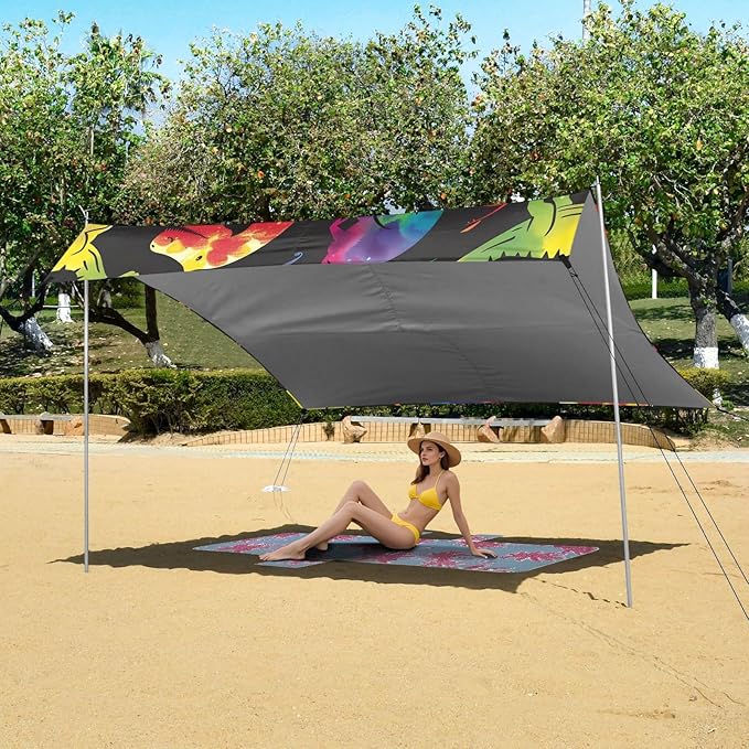 ALAZA Rainbow Dinosaurs Dino Beach Tent Sun Shelter UPF50+ Protection Beach Shade Canopy w/ 4 Sandbags for Outdoor Camping Fishing Backyard Fun Picnic 10x9 ft