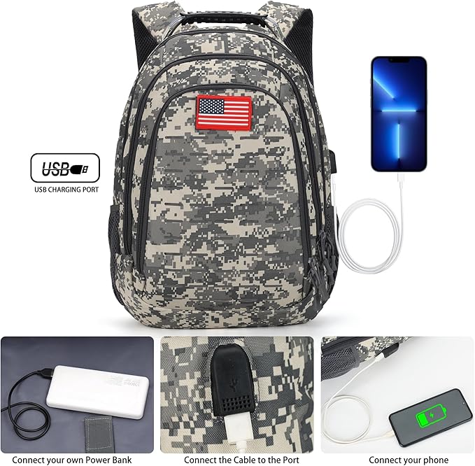 Camo Backpack for boys Teen Boys Backpacks for SchoolCamo Bookbag for kidSmall Tactica Backpack for outdoor with USB Charging Port40L