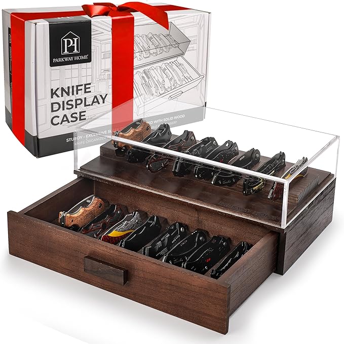 Pocket Knife Display Case for 16 Knives - Wooden Knife Collection Case Clear Cover - Two-Tier Knife Cases for Collections with a Removable Drawer Insert for Other EDC Items EDC Case - Brown