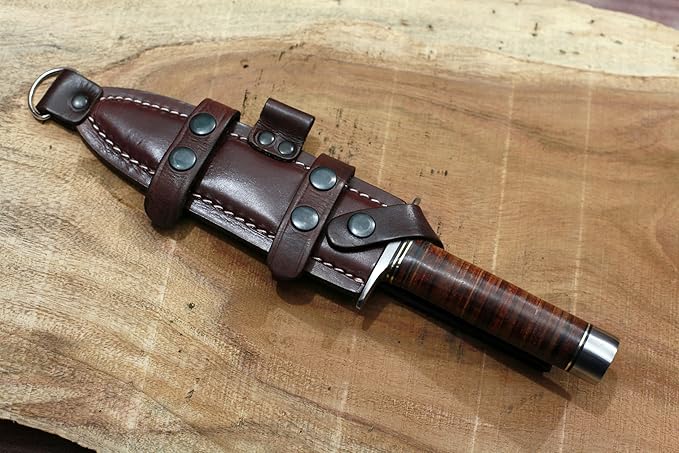 GCS Handmade Stacked Leather Handle D2 Tool Steel Tactical Hunting Knife with leather sheath Full tang blade designed for Hunting &amp EDC GCS 8