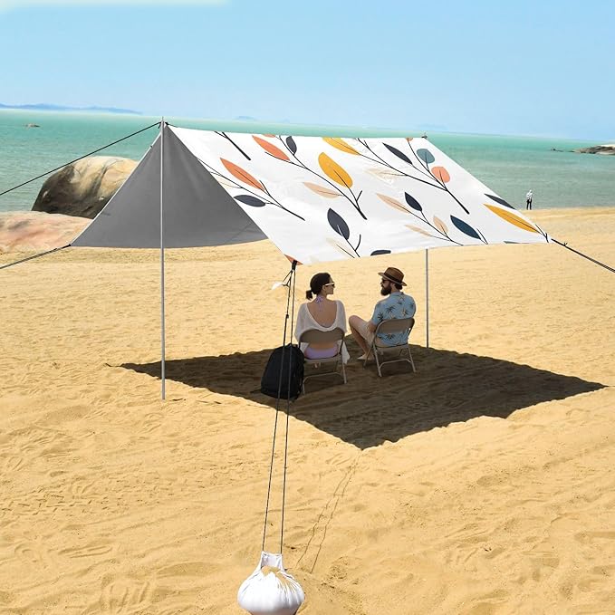 Colorful Leaves Stable Beach Tent UPF50+ Easy Setup Large Sun Shelter with Sandbags Sand Shovel Poles for Backyard and Camping