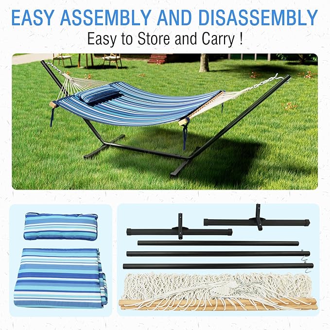MUPATER 12FT Double Hammock with Stand Included 2 Person Outdoor Quilted Hammock with Stand Rope with Pad and Pillow para adultos Striped Blue