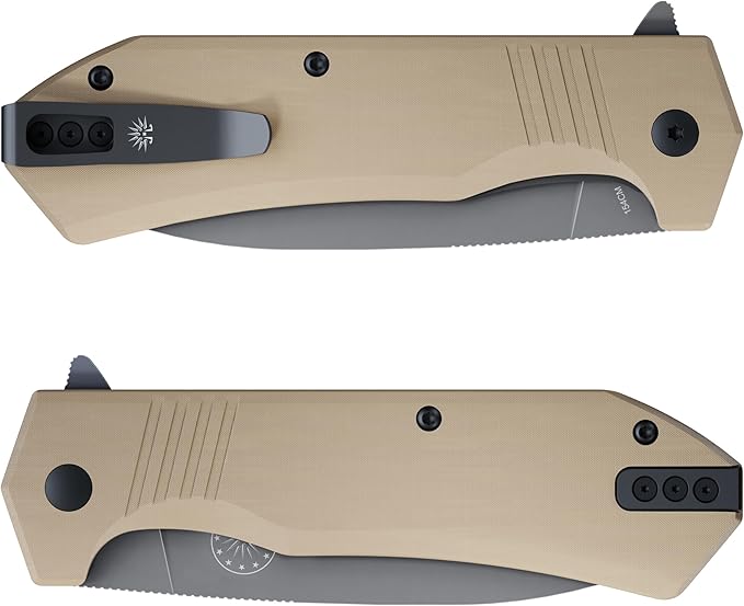 Off-Grid Knives - STINGER XL Folding Knife 154CM Steel Full Flat Grind G10 Scales Ceramic Bearings Drop-Shut Action Deep Pocket Clip Left or Right Hand Carry Camping &amp Tactical Use (Coyote