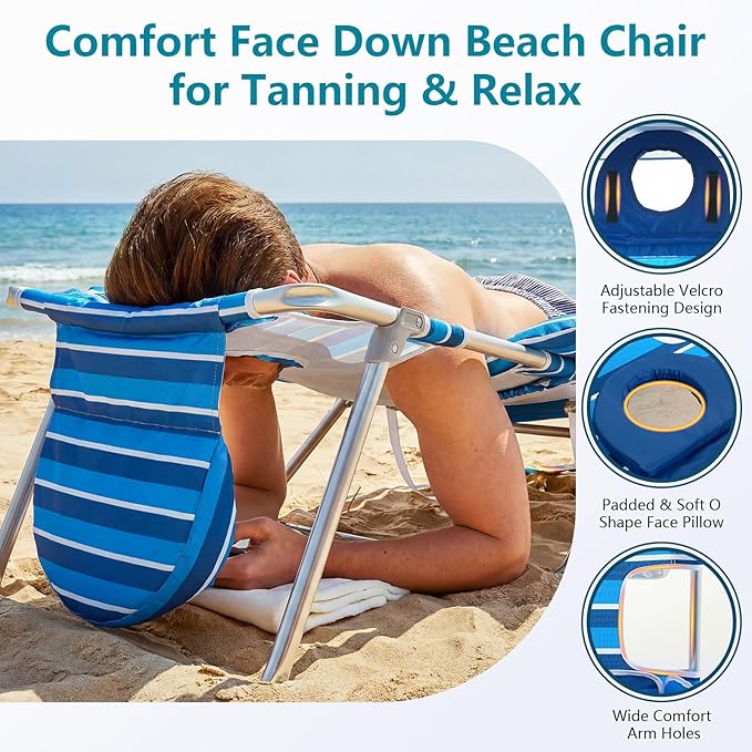 Backpack Beach Chair for Adults with 5-Position Footrest Double Shoulder Straps Folding Tanning Chair with Face &amp Arm HoleSunbathing Lounge Chair for Pool Beach Lawn (Navy)