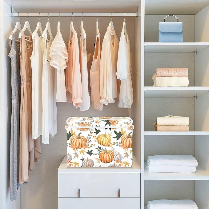 senya Thanksgiving Storage Baskets Collapsible Storage Bins with Lids Pumpkins Flowers Leaves Thanksgiving Storage Boxes Clothes Baskets for Organizing