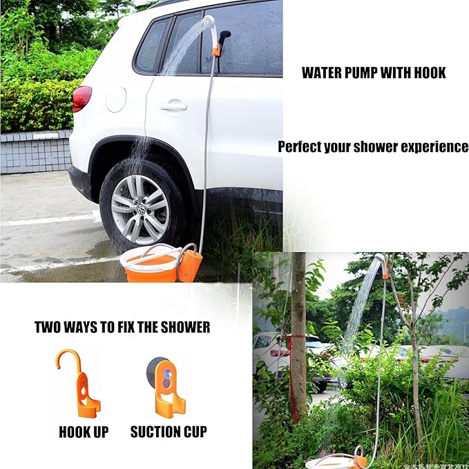 A/orangePortable camping shower comes with a rechargeable IPX7 electric pump LED lighting function hook and suction cup two fixed shower modes suitable for camping and traveling
