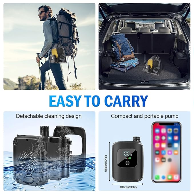Drfeify Rechargeable Portable Camping Shower 4 Spray Modes with LED Display 2400mAh Battery for Hiking RV Pet Car Wash Includes Mesh Bag