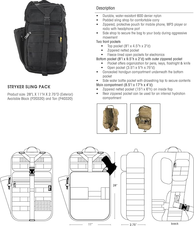 US PeaceKeeper Products P20320 - Stryker Sling Pack - Heavy Duty Water Resistant Fabric - Padded Sling - Comfortable Carry - Concealed Compartment - Black