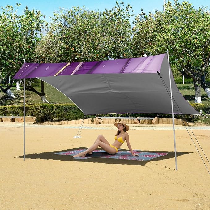 xigua Purple Texture Beach Tent Sun Shelter with Carrying Bag - Silver Coated Oxford Fabric Beach Canopy for Beach Camping Fishing - Includes Windproof Ropes Sandbags &amp Stakes