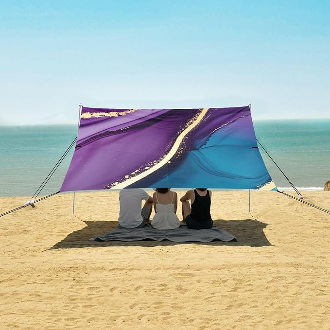 Beach Canopy with Windproof Ropes &amp Sandbags Beach Tent Sun Shade Sun Shelter for Camping Trips Fishing Backyard Fun or Picnics Purple Texture