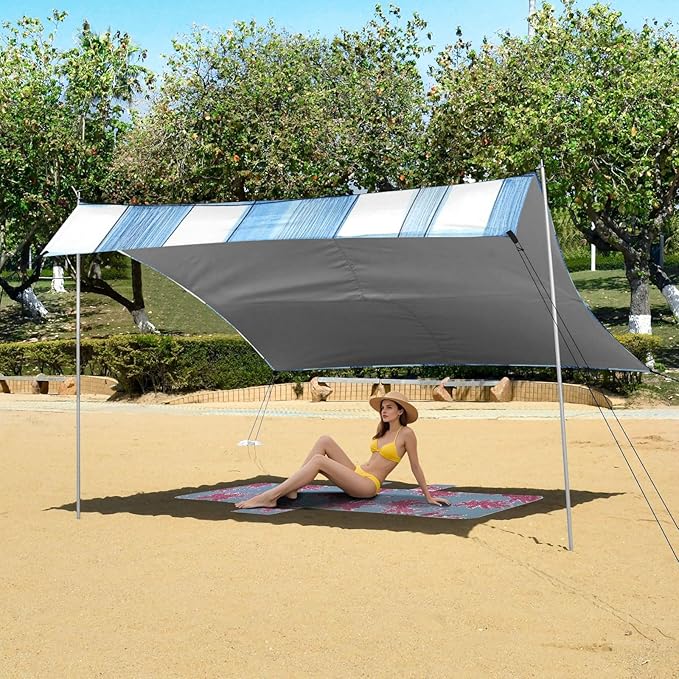 Cornflowerblue Checked Hand-Drawn Sketch Foldable Beach Canopy UPF50+ Lightweight Large Portable Sun Shelter with Sandbags Sand Shovel Poles for Camping Picnics Backyard