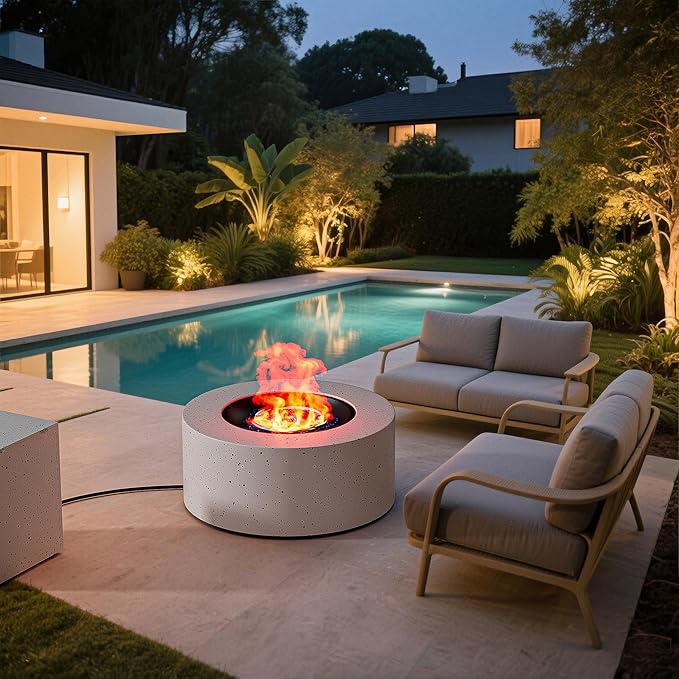 2-Piece 30 Round Propane Fire Pit for Outside Patio with Hidden Tank Table 50000 BTU Fireplaces with Lid Glass Rocks Cover(Speckled White)
