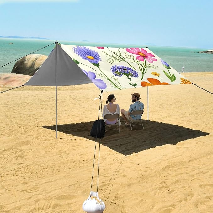 Beach Canopy with Windproof Ropes &amp Sandbags Beach Tent Sun Shade Sun Shelter for Camping Trips Fishing Backyard Fun or Picnics Flowers