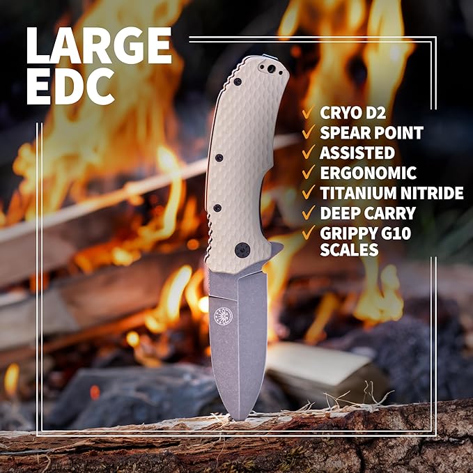 Off-Grid Knives - Rapid Fire Stinger Assisted Spear Point Blade Hard Use Build Tactical Camping &amp Survival EDC Cryo D2 Steel G10 Scales Deep Pocket Carry (Coyote)
