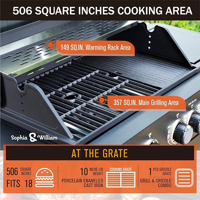 Sophia &amp William 4-Burner Gas BBQ Grill with Side Burner &amp Porcelain-Enameled Cast Iron Grates Outdoor Cooking Propane Grills Cabinet Style Garden Barbecue Grill 46700BTU Black