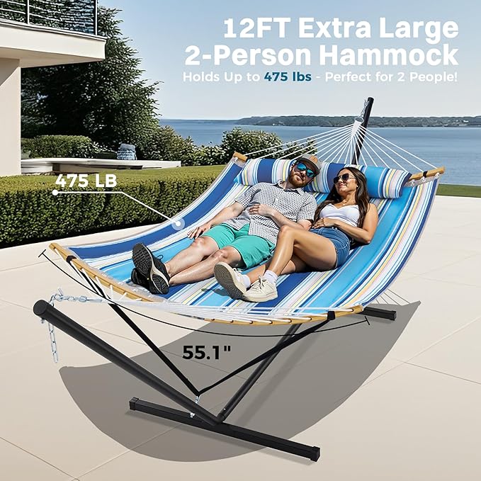 SUPERJARE Curved-Bar Hammock with Stand 2 Person Heavy Duty Hammock Frame Detachable Pillow &amp Portable Carrying Bag Perfect for Outdoor &amp Indoor Holiday Voyage Stripe