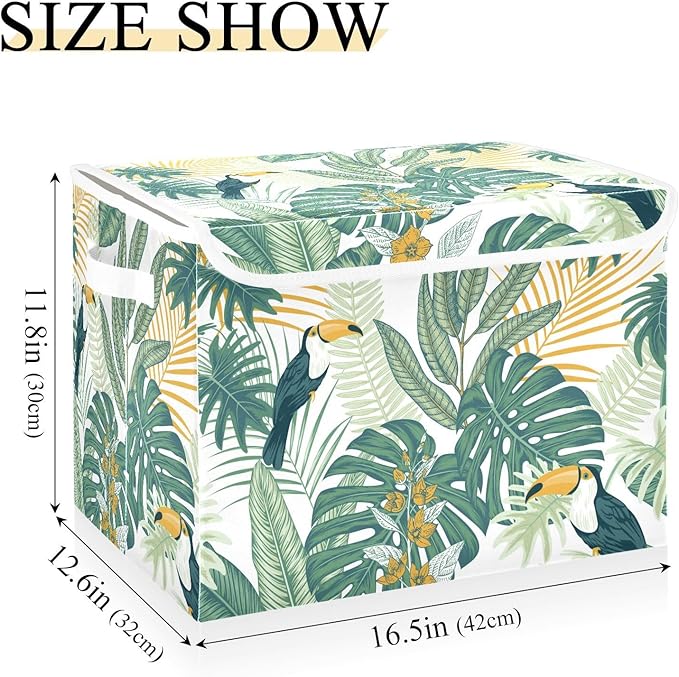 susiyo Large Foldable Storage Bin with Flip-Top Lid Modern Bird Leave Storage Box Collapsible Closet Organizer Containers Boxes Decorative Baskets with Handles for Home Bedroom Living Room Office