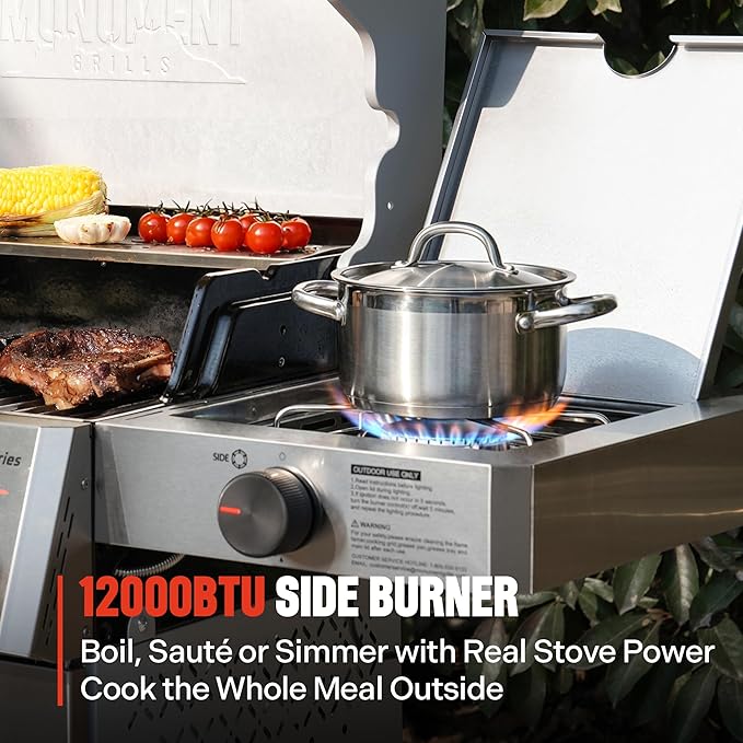 Monument Grills 4+1 Burner Stainless Steel 525 sq.in Propane Gas Grill 49000 BTU Assembles in 30 Mins Outdoor Mesa 2 Patio Grill with Broil Zone Side Burner Foldable Side Shelf Mesa II 415BZ