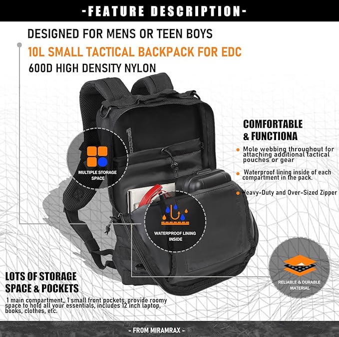 Miramrax 12L Small Backpack Day Pack - Mini Tactical Backpacks Military Daypack Molle Bag Rucksack Bug Out Bag for Hiking (Black)
