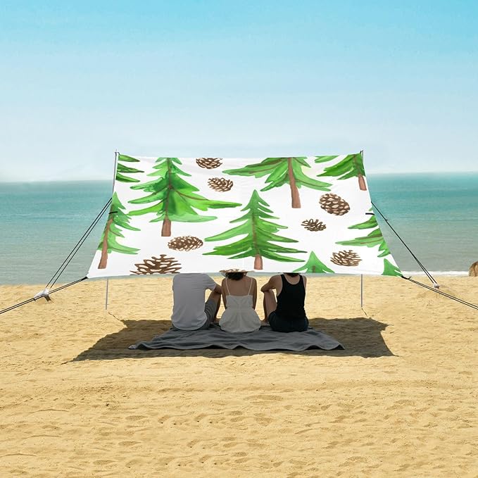 xigua Pine Tree Beach Tent Sun Shelter with Carrying Bag - Silver Coated Oxford Fabric Beach Canopy for Beach Camping Fishing - Includes Windproof Ropes Sandbags &amp Stakes