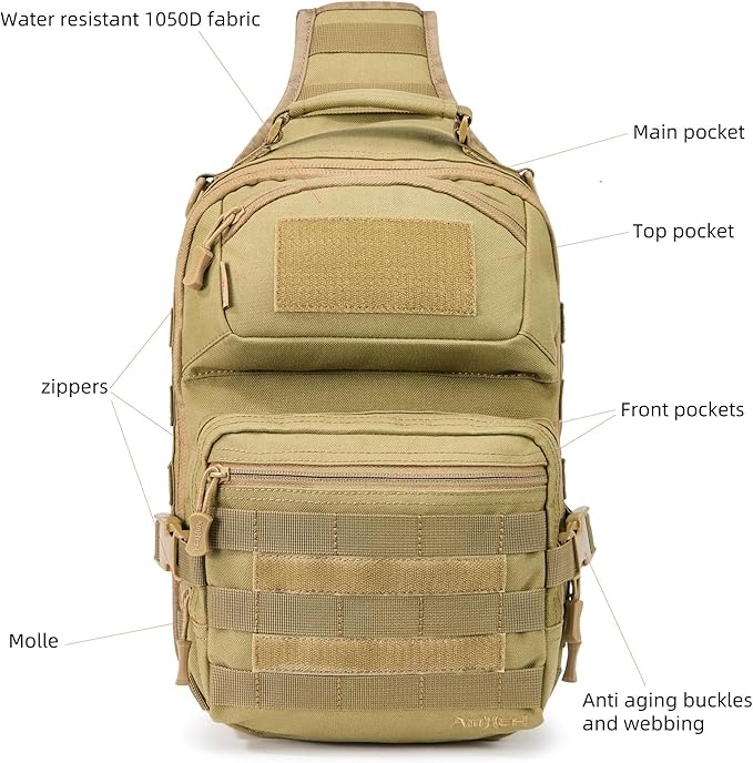 AMHEH 15L 1050D Tactical Sling Bag - Everyday Carry Crossbody Backpack with MOLLE and Concealed Back Pocket Fits 12 Laptop Tan