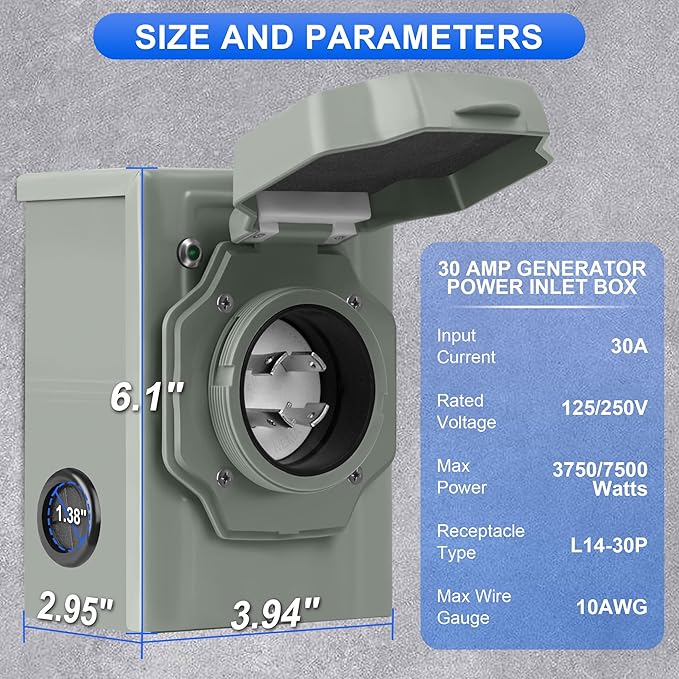 30 Amp Generator Inlet Box NEMA L14-30P Power Inlet Box for 4-Prong Generator Cord 125/250V 7500W Weatherproof Outdoor Box with Pre-Drilling Design &amp Green LED Indicator ETL Listed