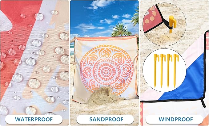Beach Blanket Waterproof Sandproof Beach Mat 79 X 83/10'x9'for 2-8 Adults Quick Drying Outdoor Picnic Mat Beach Accessories for Travel Camping Hiking