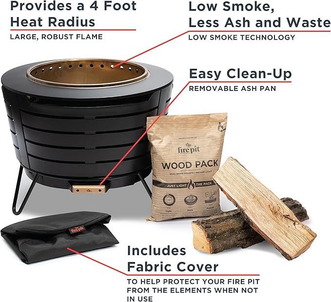 TIKI Patio Smokeless Outdoor Fire Pit 25-Inch Wood-Burning Bonfire with Removable Ash Pan Stand and Weather-Resistant Cover