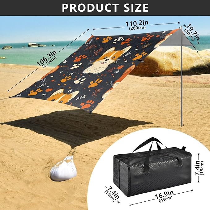 ALAZA Corgi Paw Heart Pattern Beach Tent Sun Shelter Portable Canopy Sunshade for Outdoor Camping Picnics Backyard Fun 10x9 ft