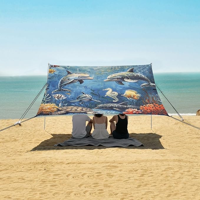 ALAZA Marine Dolphins Fish Seahorse Turtles Beach Tent Sun Shelter Portable Canopy Sunshade for Outdoor Camping Picnics Backyard Fun 10x9 ft